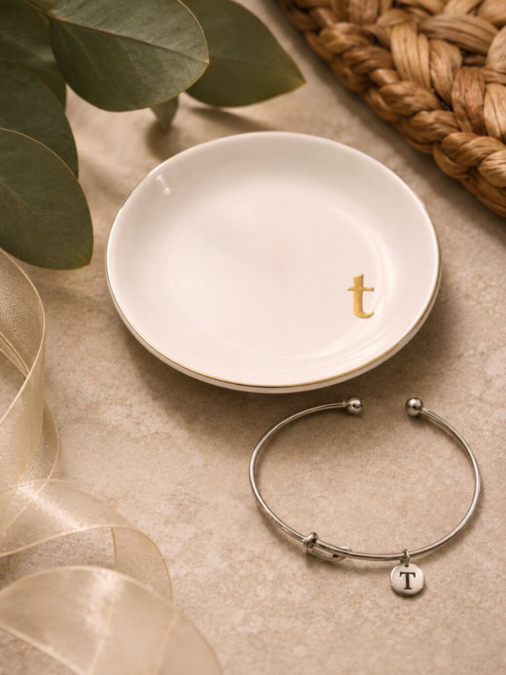 Letter T | Ceramic Jewelry Tray or Trinket Dish AND Letter T Silver Bracelet